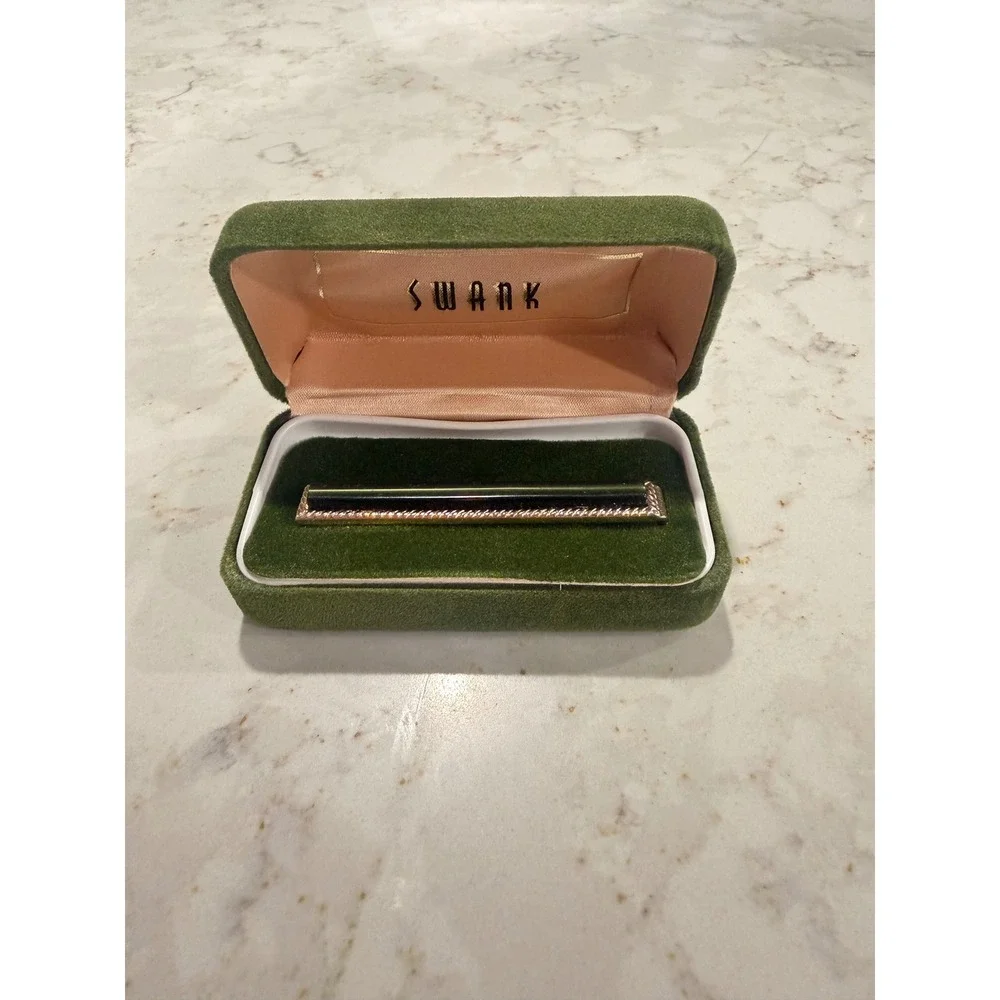 Vintage Swank Tie Bar Black Gold Tone Rope Edge Mens Accessory with Original Box